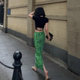 Retro green diamond printed skirt female 2024 summer new high -waisted slimming after split bag hip long skirt