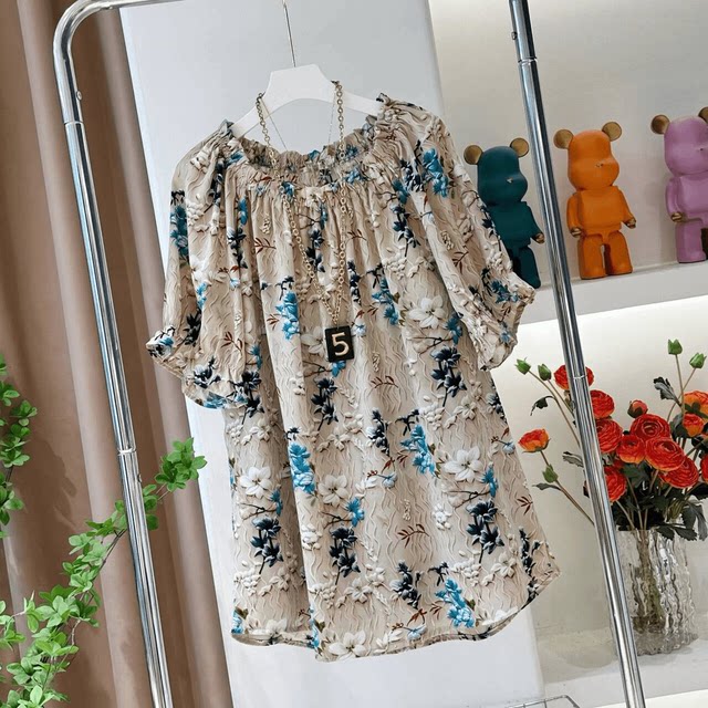 Ethnic style fashionable and versatile floral tops in summer loose and slim one-length temperament casual floral print short sleeves
