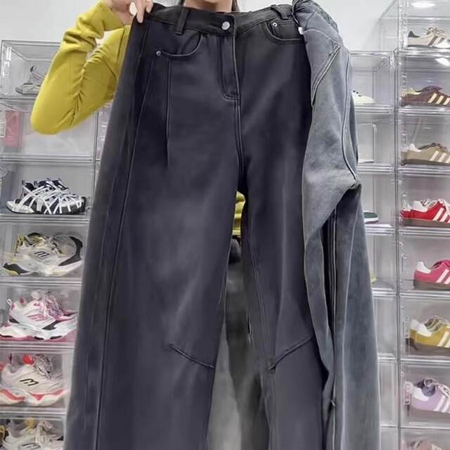 Thickened vintage straight jeans for women in autumn and winter large size fat MM loose slim scimitar wide-leg floor pants