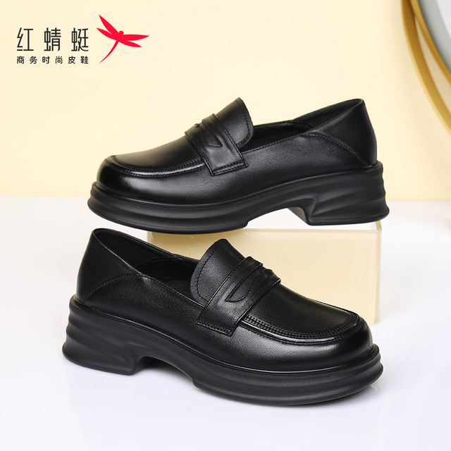 Red Dragonfly Women's Shoes Spring and Autumn New Soft Sole Leather Shoes Thick Sole Heightening Loafers Women's Leather Single Shoes Summer
