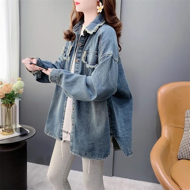 Large size women's fat mm denim thin jacket for women's spring and autumn new Korean loose and versatile design top
