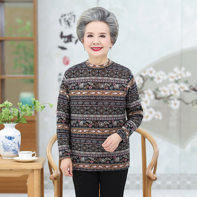Fleece base shirt for women, middle-aged and elderly winter clothes new warm mid-collar printed T-shirt long-sleeved thickened mother top