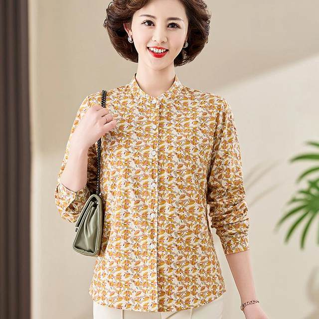 Fashionable young mother cotton long-sleeved small stand-up collar shirt, fashionable spring and summer middle-aged ladies floral cotton shirt trendy