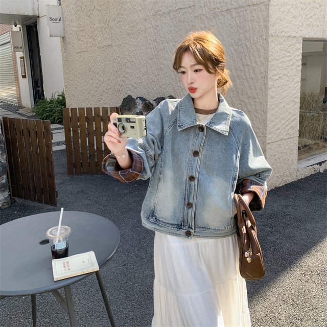 Plaid spliced ​​denim jacket for women in spring and autumn 2025 new Korean popular high-end short jacket tops