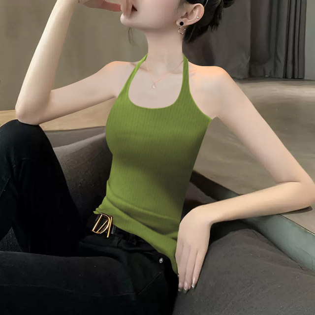 2025 new summer coffee color halterneck camisole women's knitted modal sexy chest pad base with beautiful back