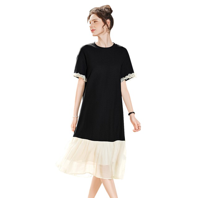 Her round neck dress 2025 summer new women's fashion contrasting color spliced ​​short sleeve mid-length A-line skirt
