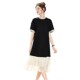 Her round neck dress 2025 summer new women's fashion contrasting color spliced ​​short sleeve mid-length A-line skirt