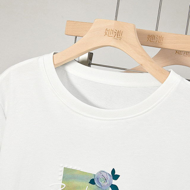 Her Chi Yuanling T -shirt 2025 Summer New Women's Sweet Hot Diamond Printing Wood Ear Loose Leisure Top
