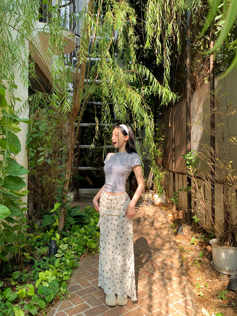 Self-organized fake style bow printed lace floral fishtail skirt pure long skirt mid-length hip skirt women