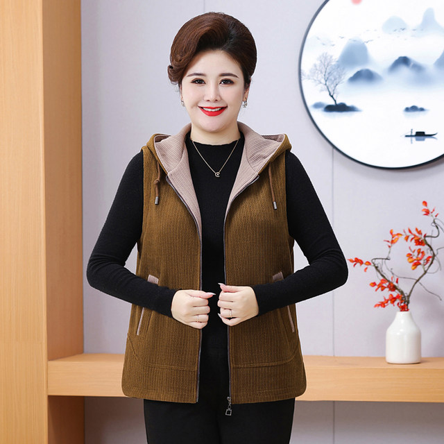 
Mother's spring and autumn thin corduroy hooded jacket vest middle-aged and elderly women's large size loose zipper top vest