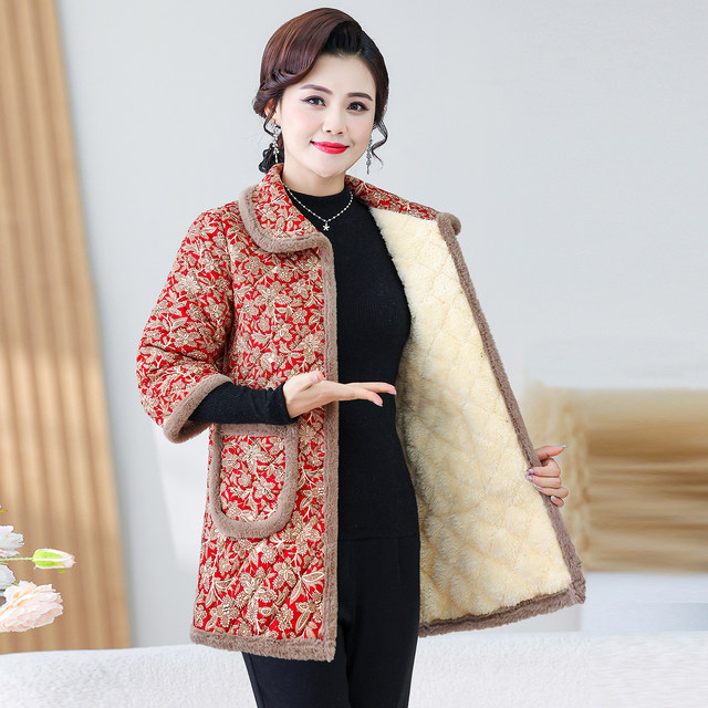
Mom's autumn and winter plus velvet warm three-quarter sleeve cotton vest middle-aged and elderly women's clothing medium-length mid-sleeve cotton vest
