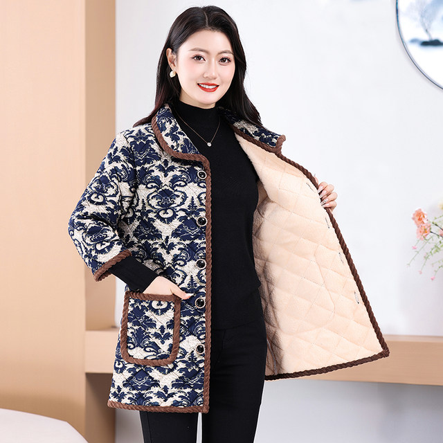 Mother's winter clothing plus velvet warm mid-sleeve cotton coat vest middle-aged and elderly women's large size mid-length cold-proof cotton coat vest