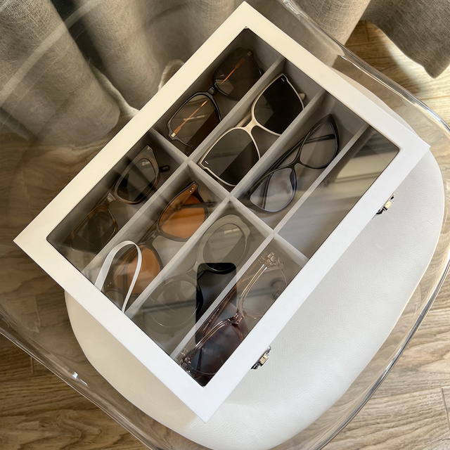 Advanced transparent glass cover glass storage box black leather velvet cloth multi-grid large-capacity sunglasses display stand
