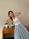 Korean design blue and white plaid skirt women's slim pleated a-line skirt pear-shaped body long skirt umbrella skirt summer