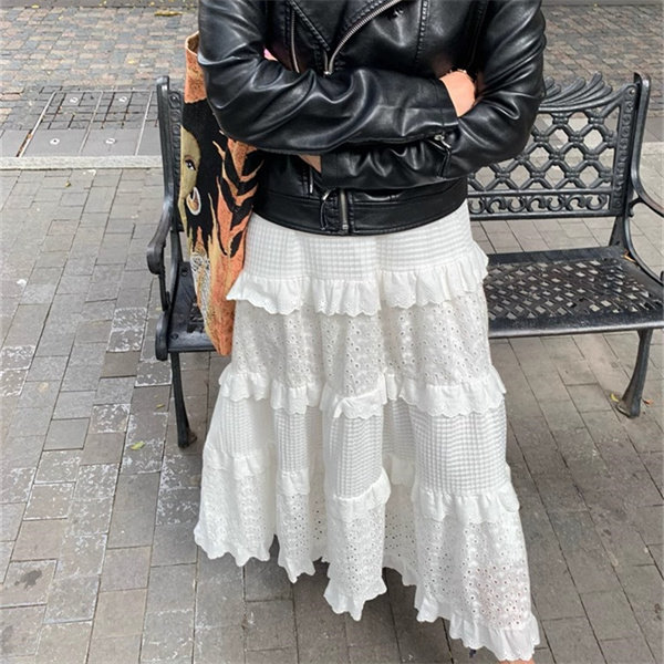 Large size sweet white high waist cake skirt for summer slimming mid-length lace fluffy skirt A-line skirt for women