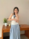 Korean design blue and white plaid skirt women's slim pleated a-line skirt pear-shaped body long skirt umbrella skirt summer