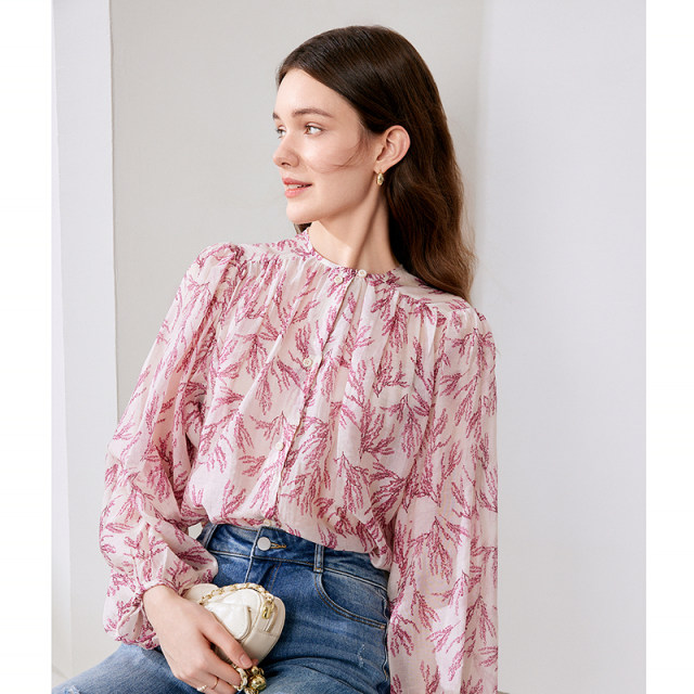 betu Baitu Women's Spring 2025 New French Sweet Pink Print Loose Shirt Top
