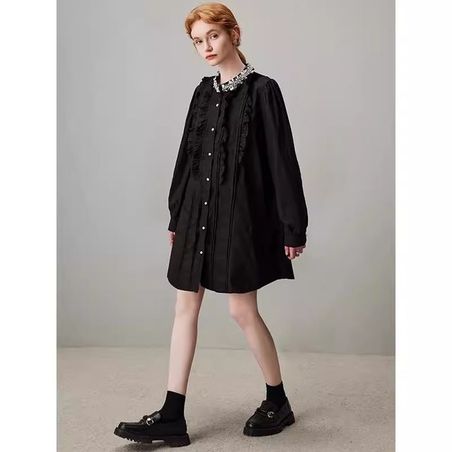 
Large size black long-sleeved shirt skirt for women in spring 2025 new beaded wood earrings slimming dress