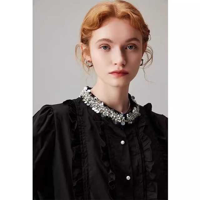 
Large size black long-sleeved shirt skirt for women in spring 2025 new beaded wood earrings slimming dress