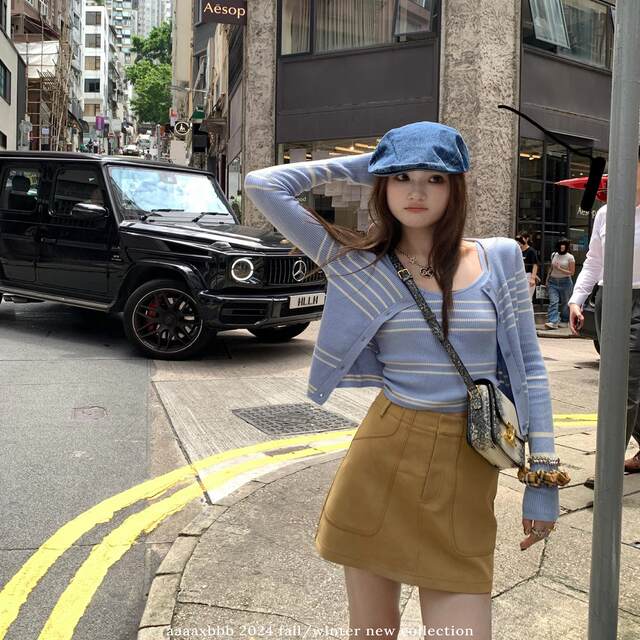aaaaxbbb Sunset Barcelona three-color big pocket short skirt Korean style versatile temperament A-line skirt