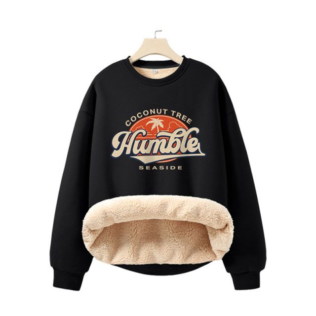 JR Jeanweis women's American printed velvet sweater in autumn and winter warm lamb velvet sweater round neck trendy women's clothes
