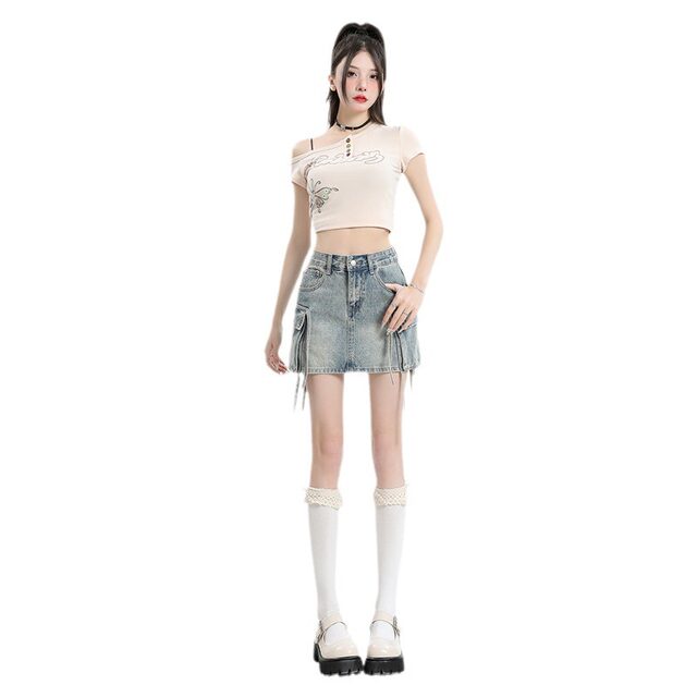 2024 European and American street style workwear pocket long tether slim short skirt versatile denim short skirt trendy (including lining)