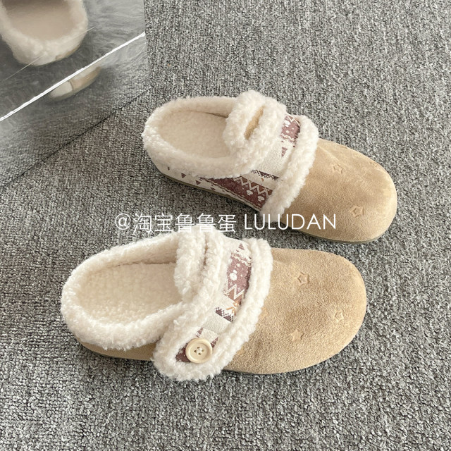 Lurudan furry thick-soled slippers for winter outer wear plus velvet Birkenstock shoes toe-toe half slippers 2025 new cotton slippers