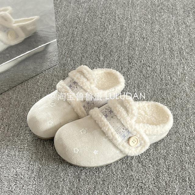 Lurudan furry thick-soled slippers for winter outer wear plus velvet Birkenstock shoes toe-toe half slippers 2025 new cotton slippers