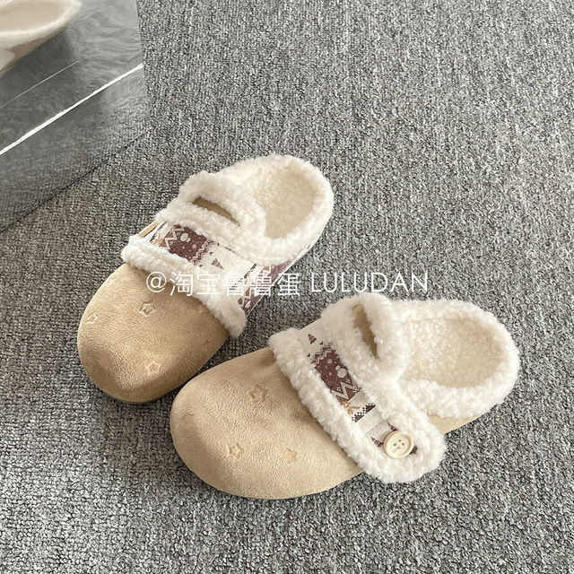 Lurudan furry thick-soled slippers for winter outer wear plus velvet Birkenstock shoes toe-toe half slippers 2025 new cotton slippers