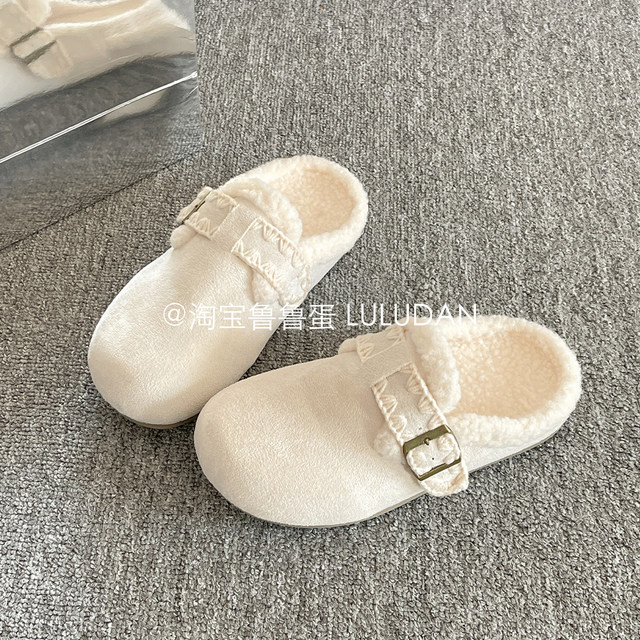Lurudan furry Birkenstock shoes, winter cotton slippers, toe-toe mule shoes, slip-on women's shoes, plus velvet half slippers