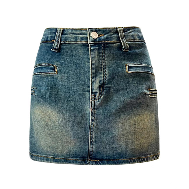 2025 summer new denim short skirt for women high waist retro old sweet and spicy hip slim skirt miniskirt