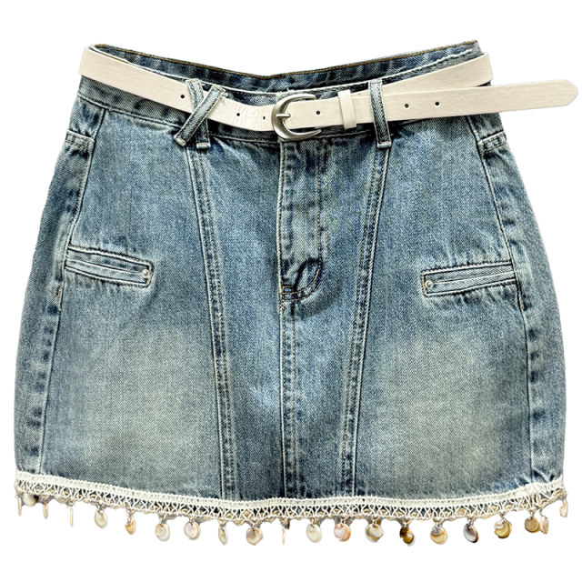 Retro old denim skirt women's short skirt 2025 summer new high-waisted slim tassel A-line hip skirt