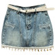 Retro old denim skirt women's short skirt 2025 summer new high-waisted slim tassel A-line hip skirt