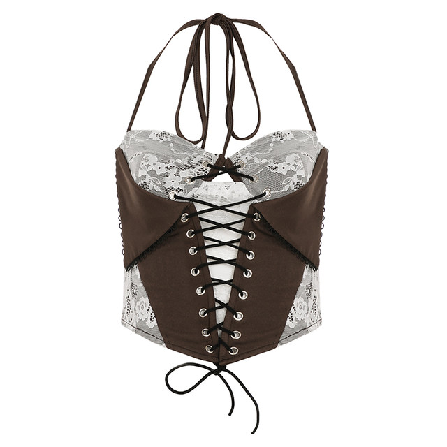 DARLINGAGA French retro lace stitching brown halter neck strap women's strap slim waist short vest