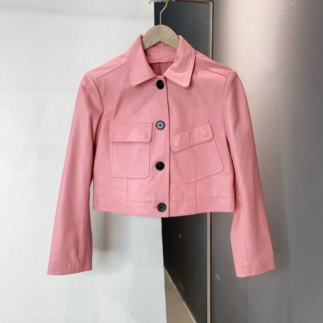 
Irregular pink lapel black button jacket head layer genuine leather sheepskin leather jacket 46