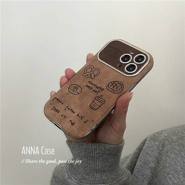 ANNACASE Korean brown line bread coffee large window suitable for iphone17promax apple 15pro mobile phone case 14 new 16 all-inclusive 16 Promax anti-fall protective cover soft