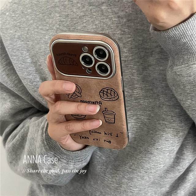 ANNACASE Korean brown line bread coffee large window suitable for iphone17promax apple 15pro mobile phone case 14 new 16 all-inclusive 16 Promax anti-fall protective cover soft