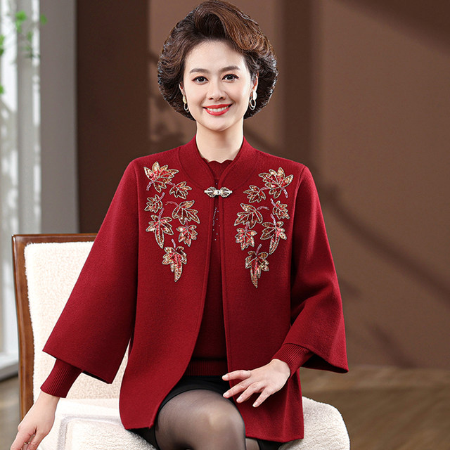 Middle-aged and elderly mothers' new autumn and winter two-piece sweater tops and grandma's outfits with western style embroidered knitted cardigan sets