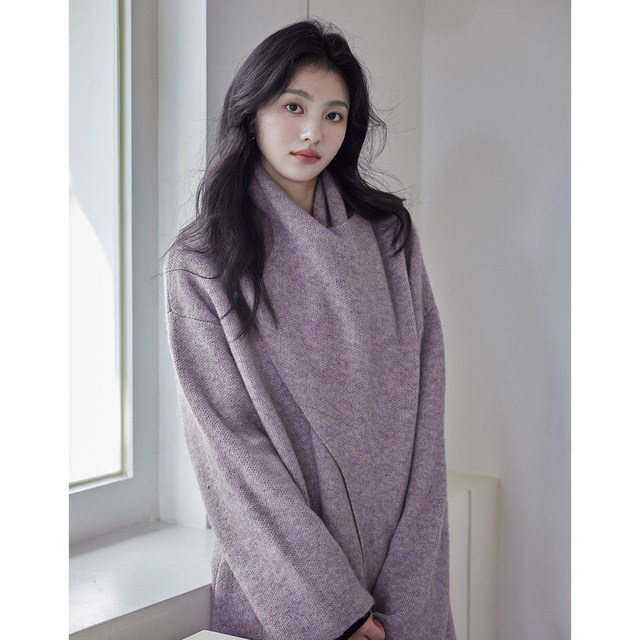 Eryang design design sense purple long sweater jacket for women new temperament knitted wool cardigan 1
