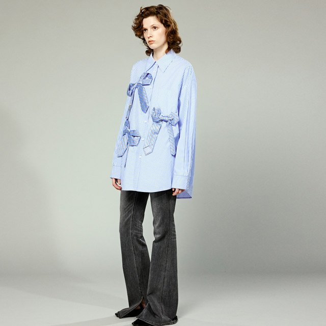 UOOYAA/Wuya tie bow striped shirt
