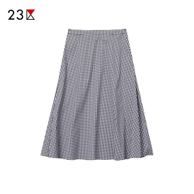 Area 23 Japanese spring and summer commuting loose version cotton blended fine lattice over-knee skirt A-line flared skirt shopping mall style