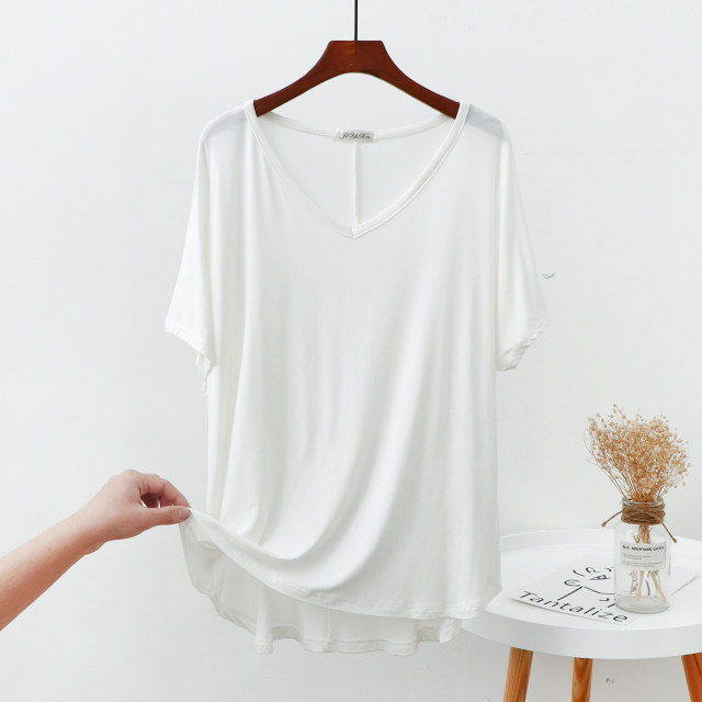 Summer Thin Modal Short Sleeve Large Size T-shirt Women's V-neck Casual Loose Pajamas Pregnant Women Home Solid Color Bottoming Shirt