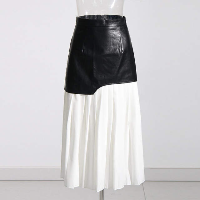 New style street style mid-length leather skirt high waist spliced ​​pleated irregular skirt women's mid-length skirt
