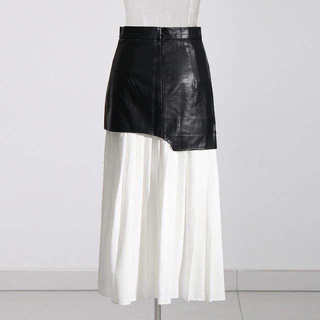 New style street style mid-length leather skirt high waist spliced ​​pleated irregular skirt women's mid-length skirt
