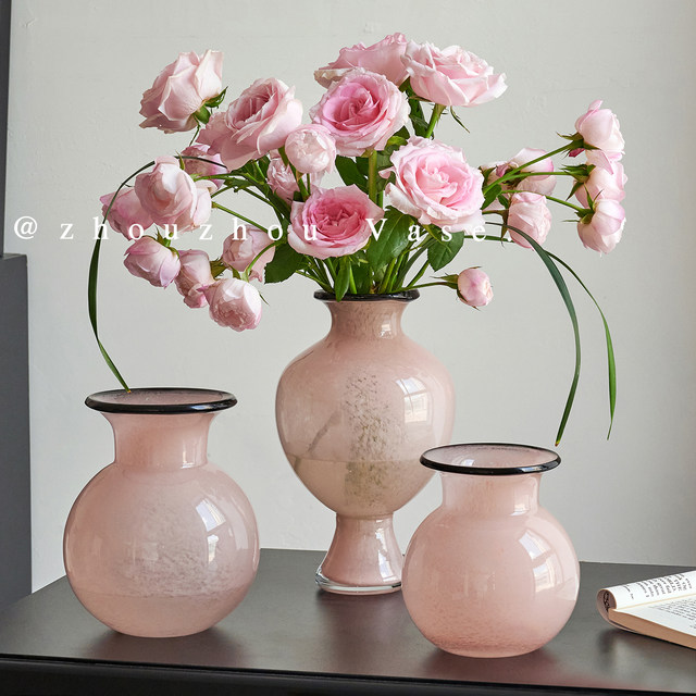 
Zhouzhou's pink glass vase, small mouth and big belly vase, new Chinese style water-raised tall-footed flower ware, home glass ornaments