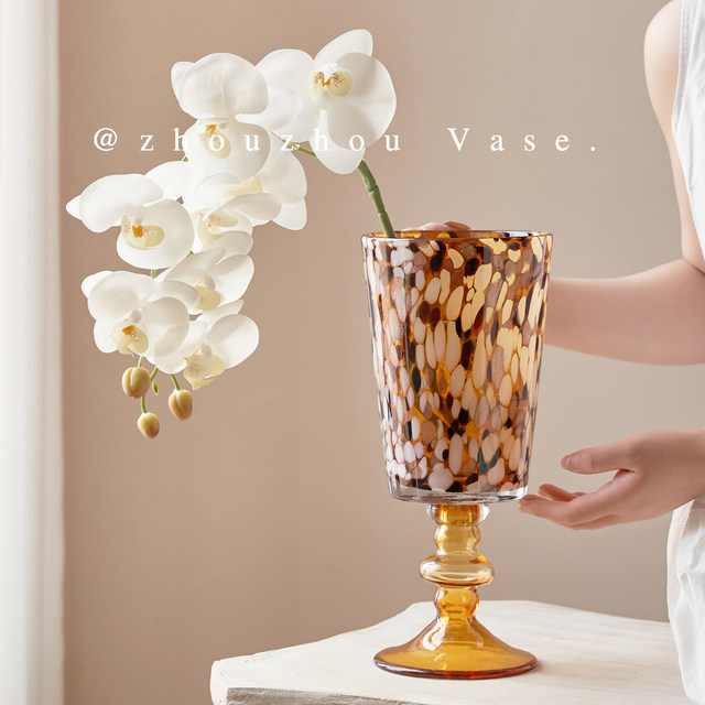 Zhouzhoujia American leopard print medieval glass vase light luxury high-end decoration retro home vase tall flower vessel