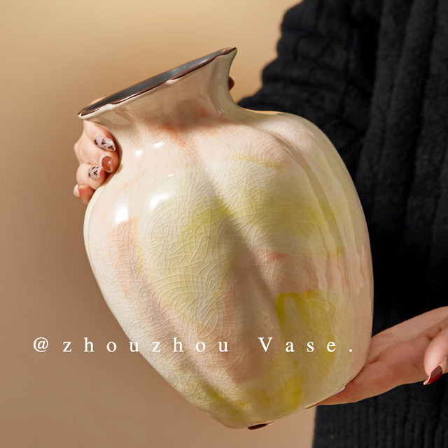 French medieval ice cracked ceramic vase pink gradient oil painting style home decoration ornaments living room flower vase