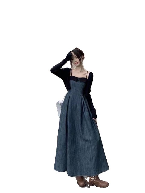 Black knitted cardigan sweater contrasting color splicing strapless denim dress high-end temperament two-piece suit
