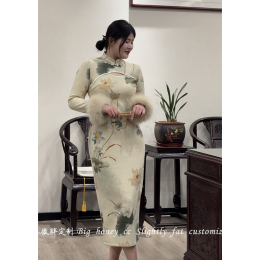 DMcc Honey Lottery Moon Color New Chinese style national wind autumn and winter cheongsam improved dress code small fatmm