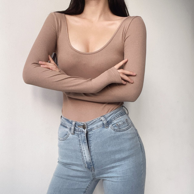 BERAN European and American sexy simplicity base round collar, thin pure color long -sleeved T -shirt bottom shirt